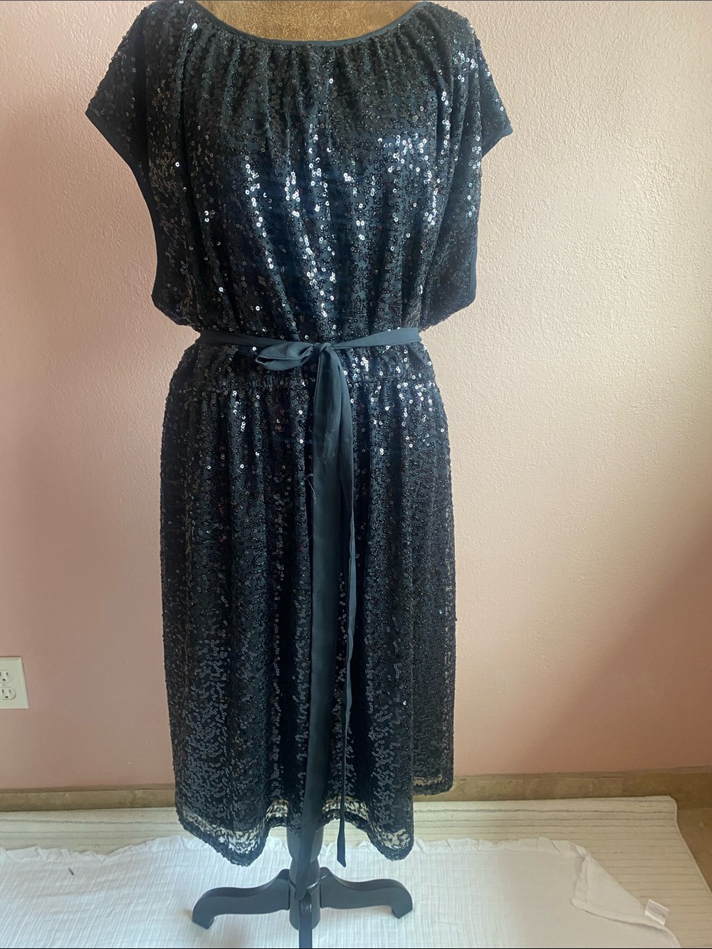 LANE BRYANT Black Sequin Midi Dress with Sash